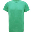 En simpel, grøn T-shirt med korte ærmer og rund hals, hænger i en isoleret, hvid baggrund.