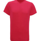 En rød t-shirt vises i fuld front, uden tekst eller mønster, mod en hvid baggrund.
