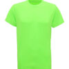 En enkel, neongrøn T-shirt med korte ærmer og rund hals, uden mønster eller tekst, mod en hvid baggrund.