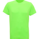 En enkel, neongrøn T-shirt med korte ærmer og rund hals, uden mønster eller tekst, mod en hvid baggrund.