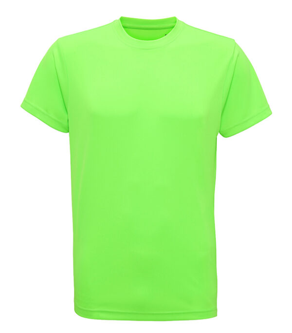 TR010_LightningGreen_FT En enkel, neongrøn T-shirt med korte ærmer og rund hals, uden mønster eller tekst, mod en hvid baggrund.
