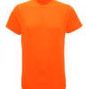 En ensfarvet, orange t-shirt med korte ærmer og rund hals, fotograferet mod en hvid baggrund uden yderligere kontekst.