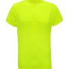 En neongul t-shirt med korte ærmer og rund hals ligger fladt på en ensfarvet, hvid baggrund.