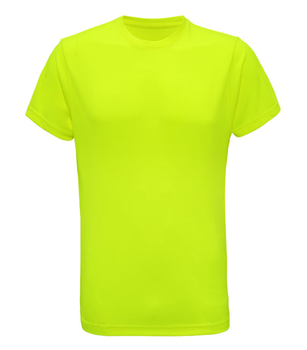 TR010_LightningYellow_FT En neongul t-shirt med korte ærmer og rund hals ligger fladt på en ensfarvet, hvid baggrund.