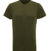 En almindelig olivengrøn, kortærmet T-shirt vises mod en ensfarvet baggrund. T-shirten har en rund halsudskæring og et enkelt design uden mønstre eller tryk.