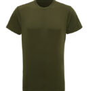 En almindelig olivengrøn, kortærmet T-shirt vises mod en ensfarvet baggrund. T-shirten har en rund halsudskæring og et enkelt design uden mønstre eller tryk.