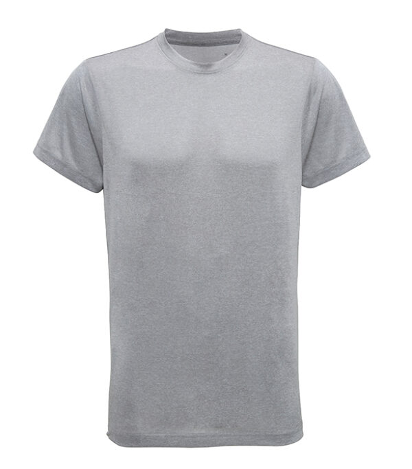 TR010_SilverMelange_FT Grå T-shirt med korte ærmer, ligger fladt vises forfra, uden nogen påskrift eller logo, placeret på en neutral hvid baggrund.