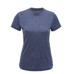 En blå T-shirt med korte ærmer er centreret og står på en hvid baggrund. Trøjen er ensfarvet og har en rund halsudskæring.