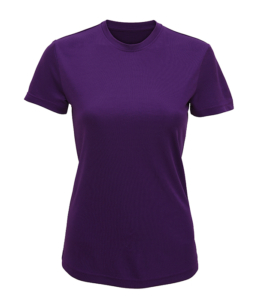 Lilla T-shirt med korte ærmer og rund hals, præsenteret på en hvid baggrund.