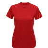 Rød T-shirt med rund hals og korte ærmer, placeret på en hvid baggrund.