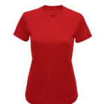 Rød T-shirt med rund hals og korte ærmer, placeret på en hvid baggrund.