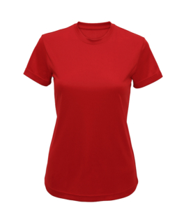Rød T-shirt med rund hals og korte ærmer, placeret på en hvid baggrund.