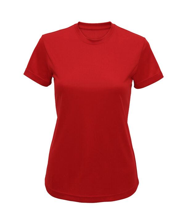 TR020_FIRE-RED_ Rød T-shirt med rund hals og korte ærmer, placeret på en hvid baggrund.