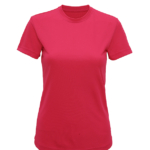 Rød T-shirt med korte ærmer og rund halsudskæring, placeret mod en hvid baggrund.