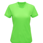 T-shirten er kortærmet og lysegrøn. Den er stillet oprejst uden nogen baggrund, hvilket fremhæver dens enkle design.