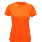 En enkel, lys orange T-shirt med korte ærmer vises frontalt mod en hvid baggrund.
