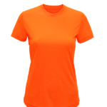 En enkel, lys orange T-shirt med korte ærmer vises frontalt mod en hvid baggrund.