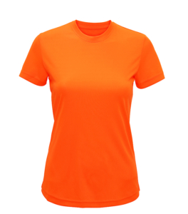 En enkel, lys orange T-shirt med korte ærmer vises frontalt mod en hvid baggrund.
