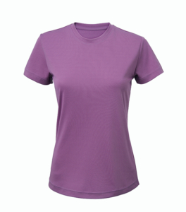 En lilla T-shirt med korte ærmer er præsenteret mod en hvid baggrund.