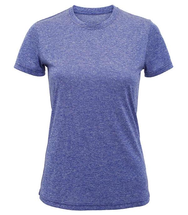 TR020_PurpleMelange_FT En blåmeleret T-shirt med korte ærmer og rund halsudskæring, ligger fladt mod en hvid baggrund.
