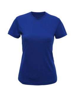 En blå T-shirt er vist forfra, hængende uden synlig baggrund. Trøjen har korte ærmer og en rund halsudskæring.