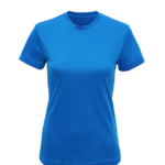 Blå T-shirt hænger på en usynlig mannequin, med korte ærmer og en rund halsudskæring, set forfra mod en hvid baggrund.