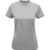 Grå T-shirt med korte ærmer og rund hals vises på en hvid baggrund, uden nogen synlige logoer eller mærker.
