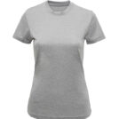 Grå T-shirt med korte ærmer og rund hals vises på en hvid baggrund, uden nogen synlige logoer eller mærker.