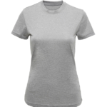 Grå T-shirt med korte ærmer og rund hals vises på en hvid baggrund, uden nogen synlige logoer eller mærker.