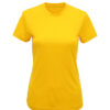 En gul T-shirt med korte ærmer og rund halsudskæring er vist i en neutral, hvid baggrund.