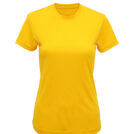 En gul T-shirt med korte ærmer og rund halsudskæring er vist i en neutral, hvid baggrund.