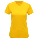 En gul T-shirt med korte ærmer og rund halsudskæring er vist i en neutral, hvid baggrund.