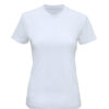 Hvid t-shirt, simpelt udformet med korte ærmer og rund halsudskæring, placeret mod en ensfarvet hvid baggrund.