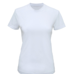 Hvid t-shirt, simpelt udformet med korte ærmer og rund halsudskæring, placeret mod en ensfarvet hvid baggrund.