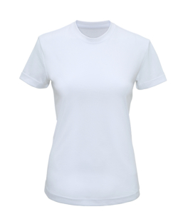 Hvid t-shirt, simpelt udformet med korte ærmer og rund halsudskæring, placeret mod en ensfarvet hvid baggrund.