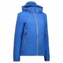 Blå vinterjakke med hætte og lynlås foran, står opret mod en hvid baggrund. Jakken har to sidelommer med lynlåse.