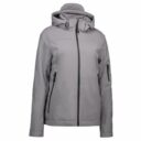 En grå jakke med hætte og lynlås foran står i midten; den har sidelommer og en lomme på ærmet; neutral baggrund.