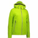 Den limegrønne jakke med hætte har en lynlås langs fronten samt lynlåslommer på begge sider. Den står på en hvid baggrund.