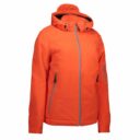 Orange jakke med hætte og lynlås i midten. To sidelommer og en ærmelomme, alle med lynlåse. Ingen anden synlig tekst eller logo.