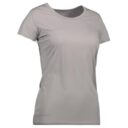 Grå T-shirt vises forfra, hængende uden body. Den har korte ærmer og rund hals. Mærket "GIESER" er synligt nederst til venstre. Baggrunden er hvid og ren.