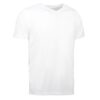 Hvid kortærmet t-shirt med v-hals ligger på en hvid baggrund.