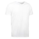 Hvid kortærmet t-shirt med v-hals ligger på en hvid baggrund.