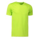 En grøn t-shirt med korte ærmer, placeret mod en hvid baggrund. T-shirten har en rund halsudskæring uden mønster og ser ny og ubrugt ud.