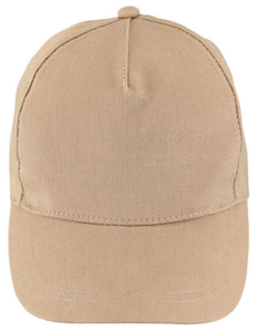 Beige baseballkasket, ses forfra, ligger på en hvid baggrund. Den har synlige sømme og en lille knap på toppen.