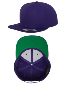 En lilla snapback-kasket vises fra siden og indersiden med en grøn skygge for oven og et gråt indvendigt panel for neden.