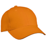 En ensfarvet orange kasket ses mod en hvid baggrund. Kasketten har en buet skygge og seks synlige ventilationshuller på toppen.
