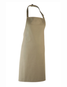 En grøn forklæde hænger frit med en halsrem og dækker kroppen fra bryst til knæ i en simpel, minimalistisk stil. Baggrunden er hvid.