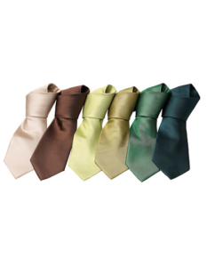 Seks slips i forskellige farver (beige, brun, lysegrøn, gul, lysegrøn og mørkegrøn) ligger side om side. De er bundet med en enkelt Windsor-knude og er arrangeret på en hvid baggrund.