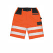 Orange arbejdsshorts med sorte lommer og detaljer på hoften, samt vandrette reflekterende hvide striber på lårene. Placeret mod en hvid baggrund.