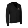 Sort cardigan med V-udskæring og knapper, siddende stilrent på en hvid baggrund. Tekst: "Dit Design" med rød firkant ved brystet.